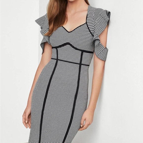 BCBG Black and White Bodycon Midi Dress with Sweetheart Neckline - Picture 3 of 9